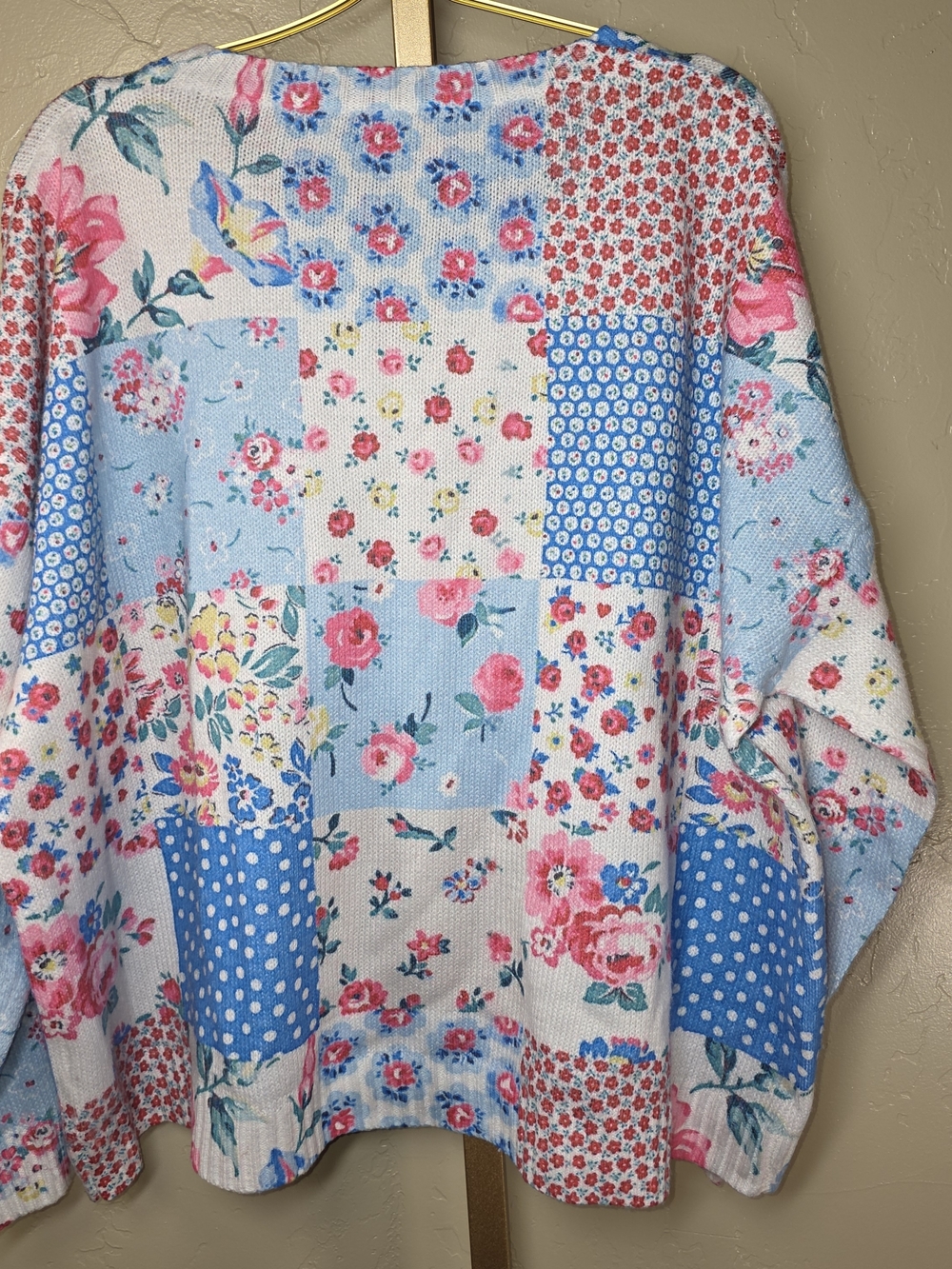 Patchwork Floral Polka Dot Oversized Button-Front Sweater Cardigan in Pink Blue - Picture 6 of 9